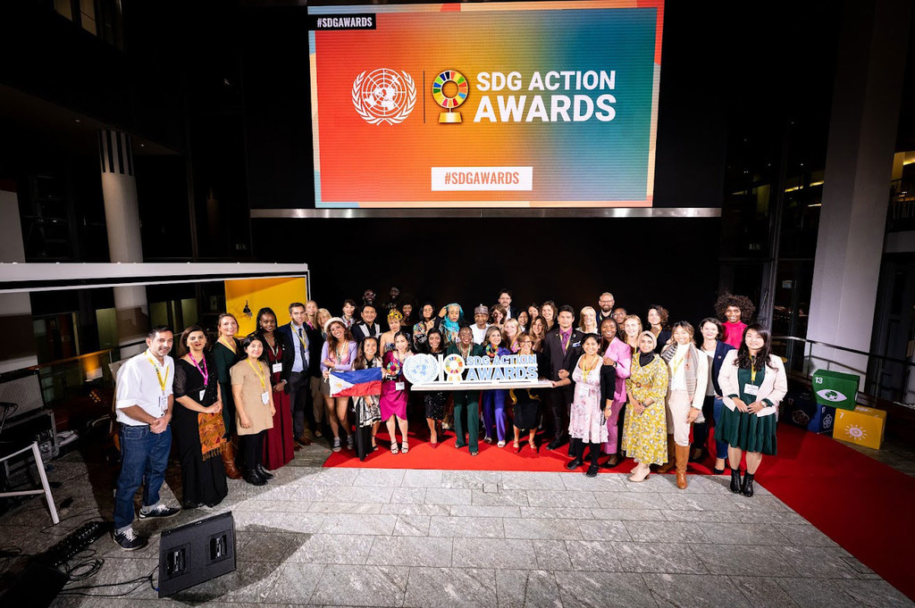 UN SDG Action Awards finalists gather for a group photo at the 2022 ceremony in Bonn, Germany.